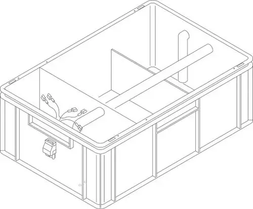 Bosch Behälter mit Innenstruktur, zwei Druckschaltern und Kabelverbindungen, geeignet für technische Anwendungen. Übersichtliche Anordnung der Komponenten.